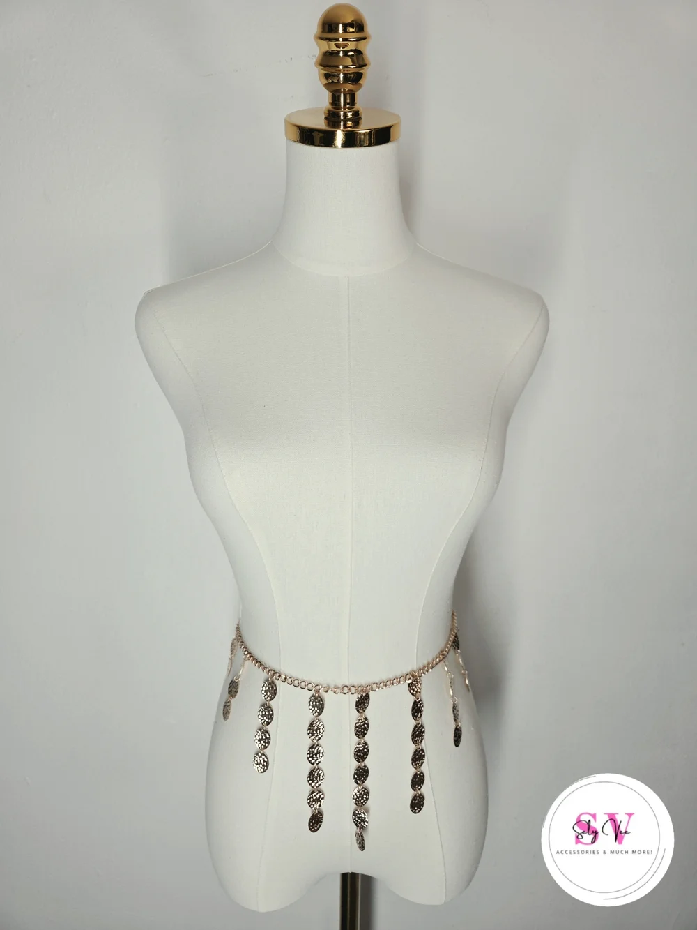 Gold chain belt with dangling circular charms